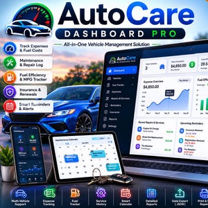May include: A digital vehicle management dashboard displayed on a laptop, tablet, and smartphone. The interface shows expense overviews, fuel efficiency graphs, maintenance calendars, and service logs. The text reads AutoCare DASHBOARD PRO.