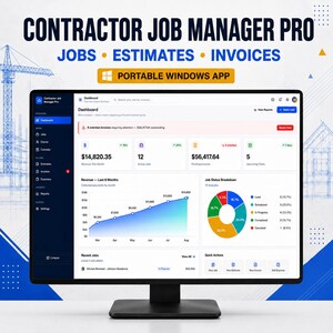 May include: A computer monitor displaying the Contractor Job Manager Pro software dashboard. The interface features a dark blue sidebar, a white main area with financial data, a revenue line graph, a job status pie chart, and quick action buttons.