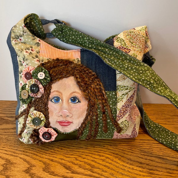 Denim and Green Hobo Bag with Face
