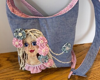 Blue and Pink Hobo Bag with Girl’s Face