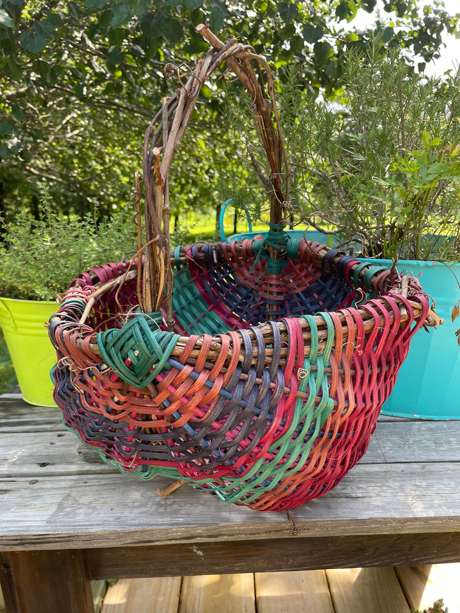 Large Multi Colored Handmade Basket with Grapevine Handle Etsy