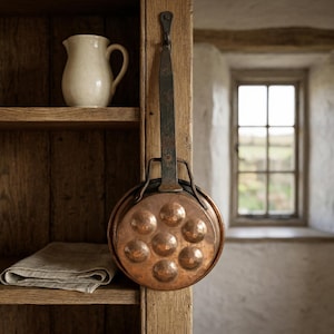 May include: A copper pan with seven rounded indentations hangs from a wooden beam. A cream-coloured jug sits on a shelf above a folded linen cloth. The kitchen setting includes a window with a view of the outdoors.