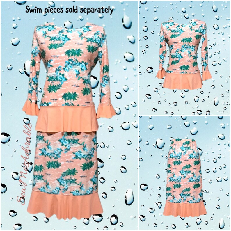 May include: A two-piece swim set featuring a long-sleeve top and a skirt in a peach-colored fabric with a tropical palm tree and floral print. Both pieces have solid peach-colored ruffled hems. The text reads: Swim pieces sold separately.