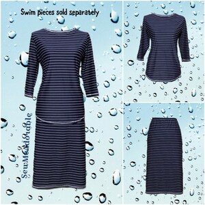 May include: A navy blue and white striped swim top with three-quarter sleeves and a matching knee-length swim skirt. The text "Swim pieces sold separately" and "SewMcAdorable" are visible. The garments feature a consistent horizontal stripe pattern.