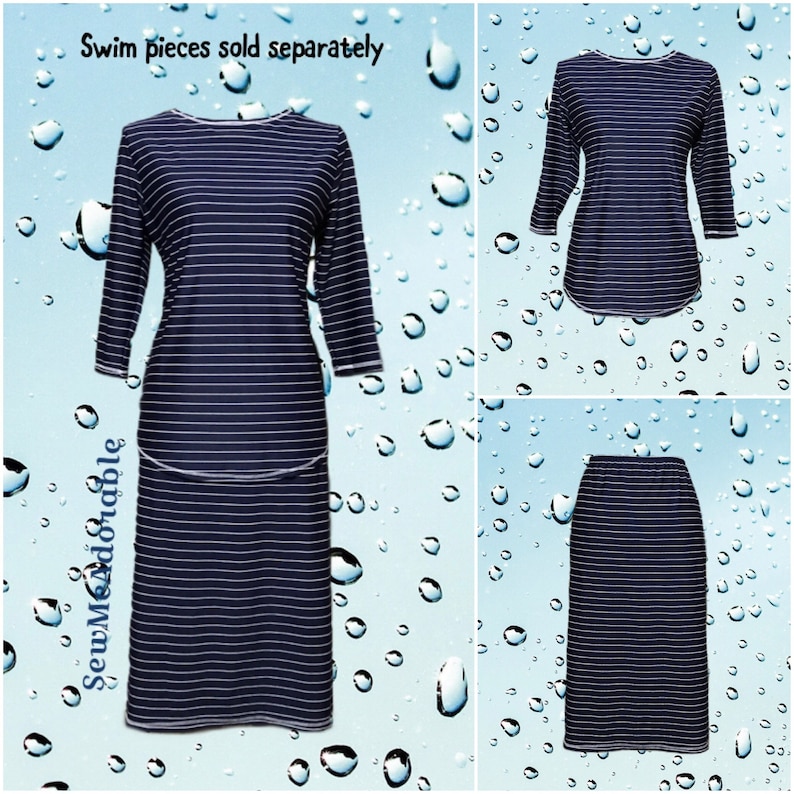 May include: A navy blue and white striped swim top with three-quarter sleeves and a matching knee-length swim skirt. The text "Swim pieces sold separately" and "SewMcAdorable" are visible. The garments feature a consistent horizontal stripe pattern.