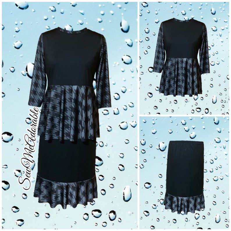 May include: A two-piece outfit consisting of a black top with three-quarter sleeves and a peplum hem featuring a grey and black houndstooth pattern, paired with a matching black skirt with a houndstooth ruffled hem. The text SewMcAdorable is visible.