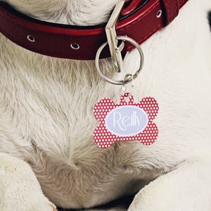 Polkadot Print Bone Pet Id Tag – personalised dog name tag –  dog identification tag – gifts for dogs – personalized dog ID tag - P06