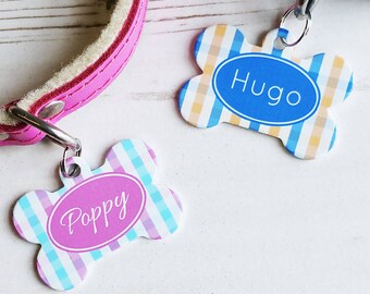 Personalised Gingham Pet Tag Bone Shaped - P31