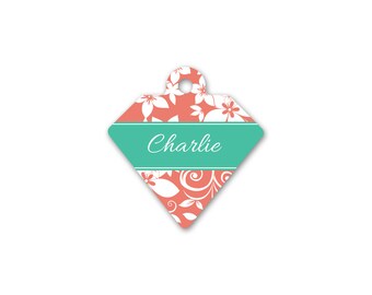 Floral Print Diamond Pet Id Tag – personalised dog name tag – dog identification tag – cat name tag – personalized pet ID tag - P13
