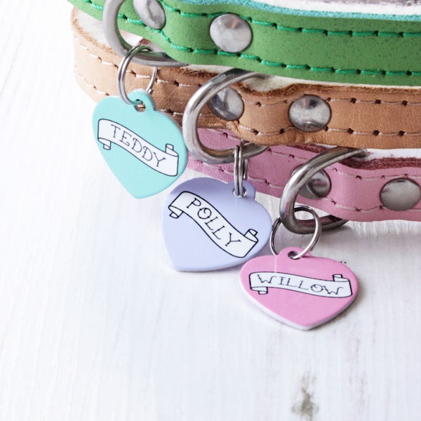 Personalised Pet ID Tag Heart - Dog Name Identification - Rock Tattoo Banner - P37
