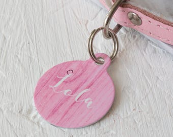 Personalised Pink Wood Pet ID Tag  - Dog Name Identification