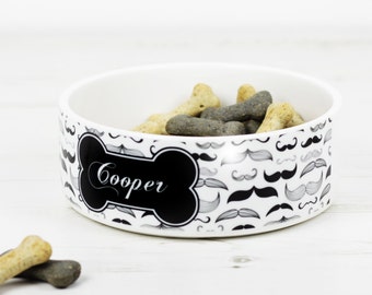 Personalised Pet Bowl - Dog Cat Feeding Dish - Moustache Hipster P115