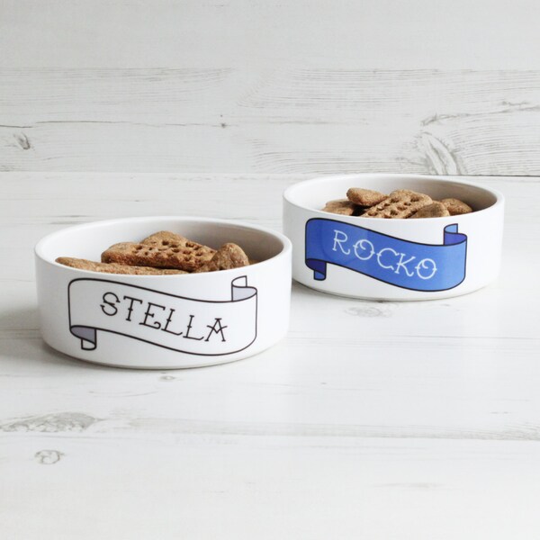 Personalised Pet Bowl - Dog Cat Feeding Dish - Rock Tattoo Banner P37