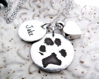 Your Pet's Actual Paw Print Necklace With Urn, Pet Memorial Necklace, Cat or Dog Paw Print Memorial Necklace, Remembrance Necklace, Pet Loss