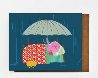 Get Well Card - Feeling Under The Weather?  Pig In Bed Holding an Umbrella while it's Raining