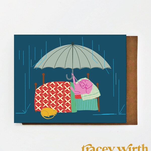 Get Well Card - Feeling Under The Weather?  Pig In Bed Holding an Umbrella while it's Raining