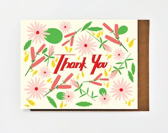 Thank You Card: Brightly Illustrated Floral with Hand Lettering