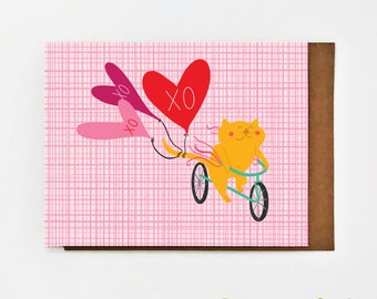 Set of 3 Cat on Bike with Balloons- Valentine's Day Cards