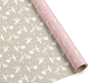 Double Sided Gift Wrap "SPECIAL DELIVERY" Pink with Storks on one side and Taupe with Storks on the reverse side