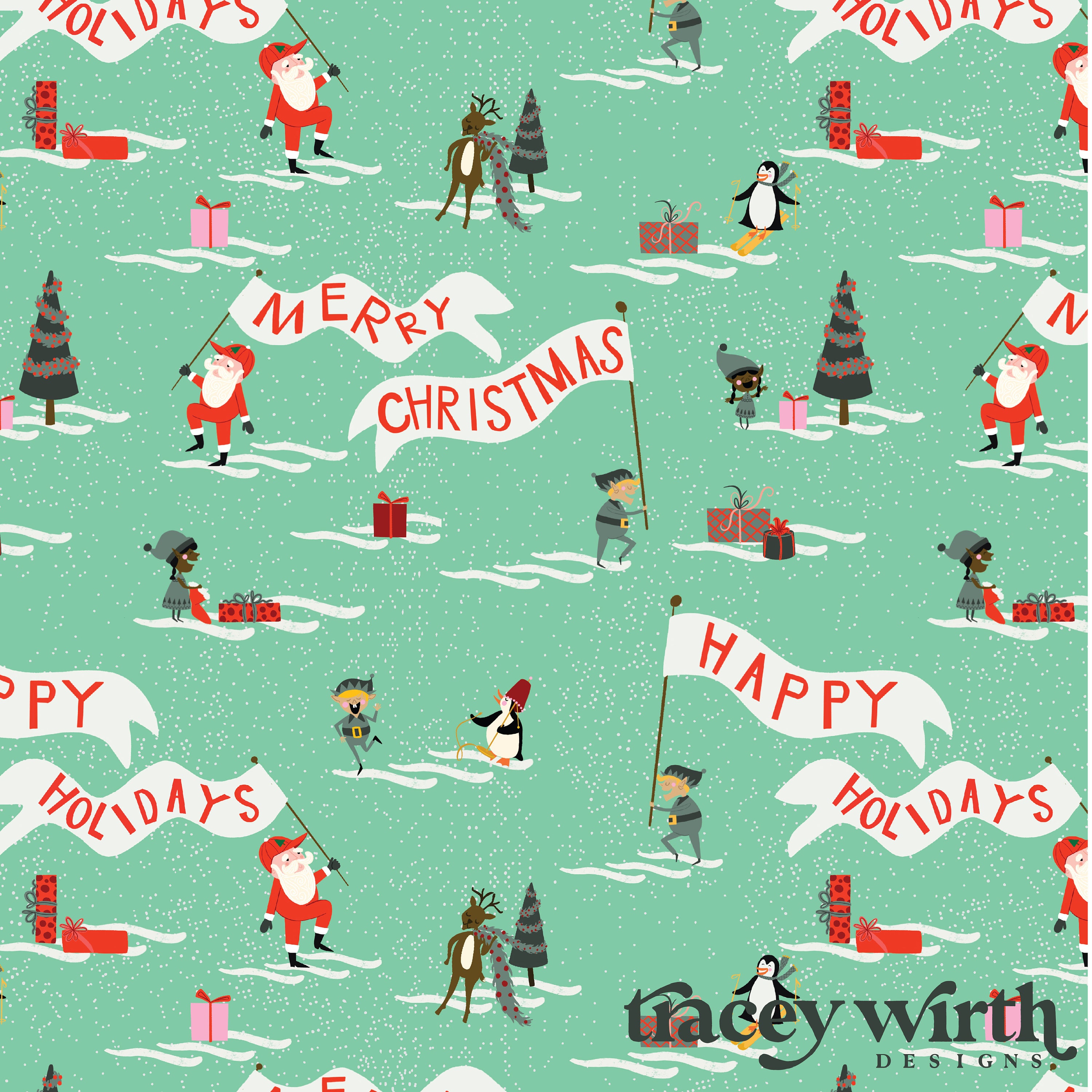 Festive Christmas Wrapping Paper W/ Double Adhesive Tape, Rope
