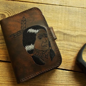 Cartera de cuero delgada, nativo americano, caza, regalo para hombres, billetera de bolsillo, funda para tarjetas, billetera plegable, billetera para efectivo, tarjetero, llavero