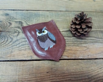 Embroidered Owl Leather Patch: Brown Genuine Leather Accessory