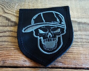 Black Leather Skull Patch: Embroidered Skeleton Applique