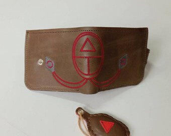 Brown Leather Bifold Wallet: Squid Game Design, Slim Card Holder