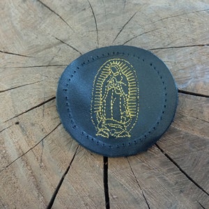 Custom leather, religion patch , mary mariam , Leather backpack, religion, DIY, Black patch, church