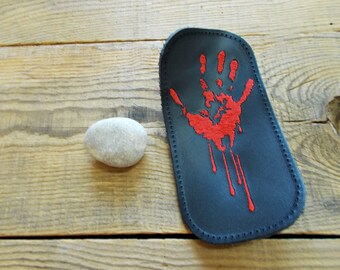 Black Leather Patch with Embroidered Bloody Handprint