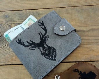 Cartera de cuero gris hecha a mano: Monedero plegable con cabeza de ciervo