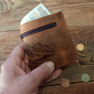 Carteira de bolso, Carteira de motociclista, Carteira dobrável, Montanha, Porta-cartões, Carteira masculina marrom, Carteira de couro fina, Porta-moedas, Hipster, Lenhador