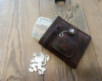 Cartera plegable de cuero marrón: Cabeza de ciervo, Monedero