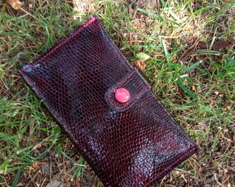 Cartera de piel para mujer, estampado de serpiente, hecha a mano, monedero, bordo, rojo, tarjetero, bolso de diario, regalo para mamá, regalo para niña, amor