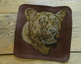 Lion, Custom leather patch bird, Hunter patch, Tiger embroidery, Animal patch, Leather patch backpack, Genuine leather, Accessory, Brown