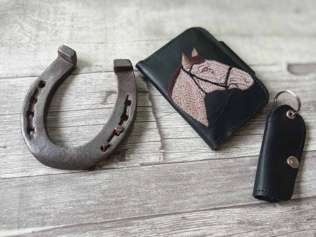 Leather Card Holder, Horse, Western, Cowboy Slim Wallet, Black Case