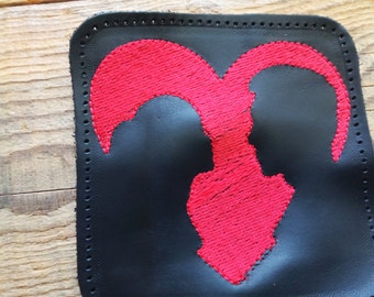 Embroidered Heart Leather Patch: Black Genuine Leather Applique (4.5'')