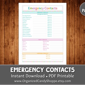 Emergency Contacts • 1 Page • Instant Download PDF Printable