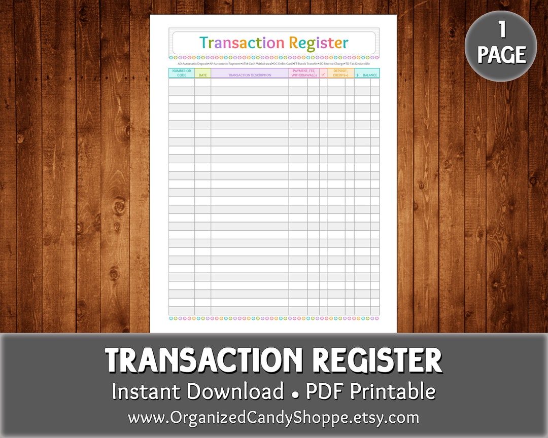 Transaction Register Names Transaction Register • 1 Page • Instant Download PDF Printable - Etsy