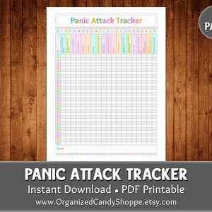 May include: Printable panic attack tracker with a colourful header and a grid for tracking attacks throughout the month. The tracker includes a notes section at the bottom.