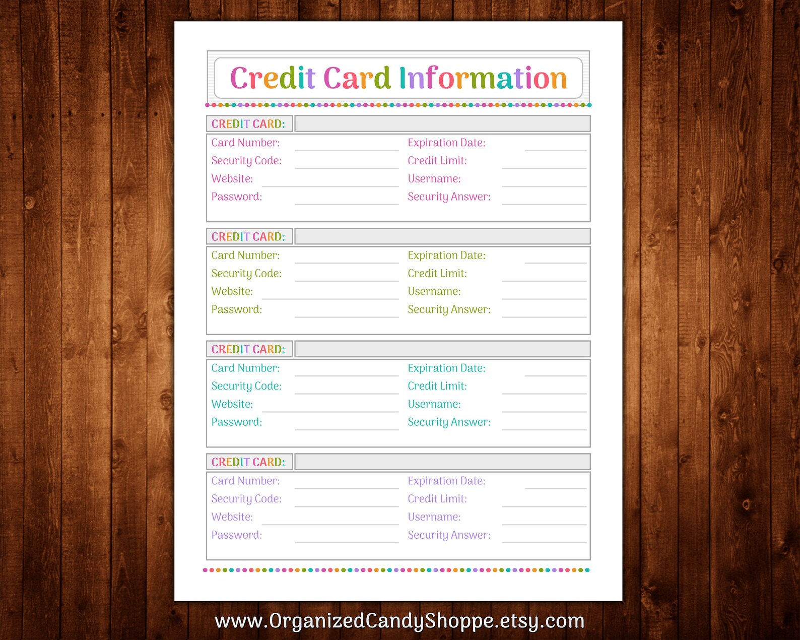 Credit Card Information Instant Download PDF Printable | Etsy
