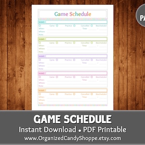 Game Schedule • 1 Page • Instant Download PDF Printable