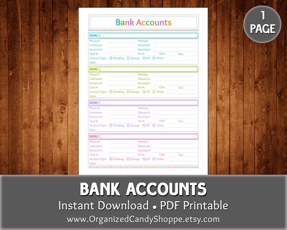 Bank Accounts 1 Page Instant Download PDF Printable - Etsy