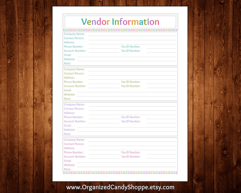 Vendor Information • 1 Page • Instant Download PDF Printable - Etsy
