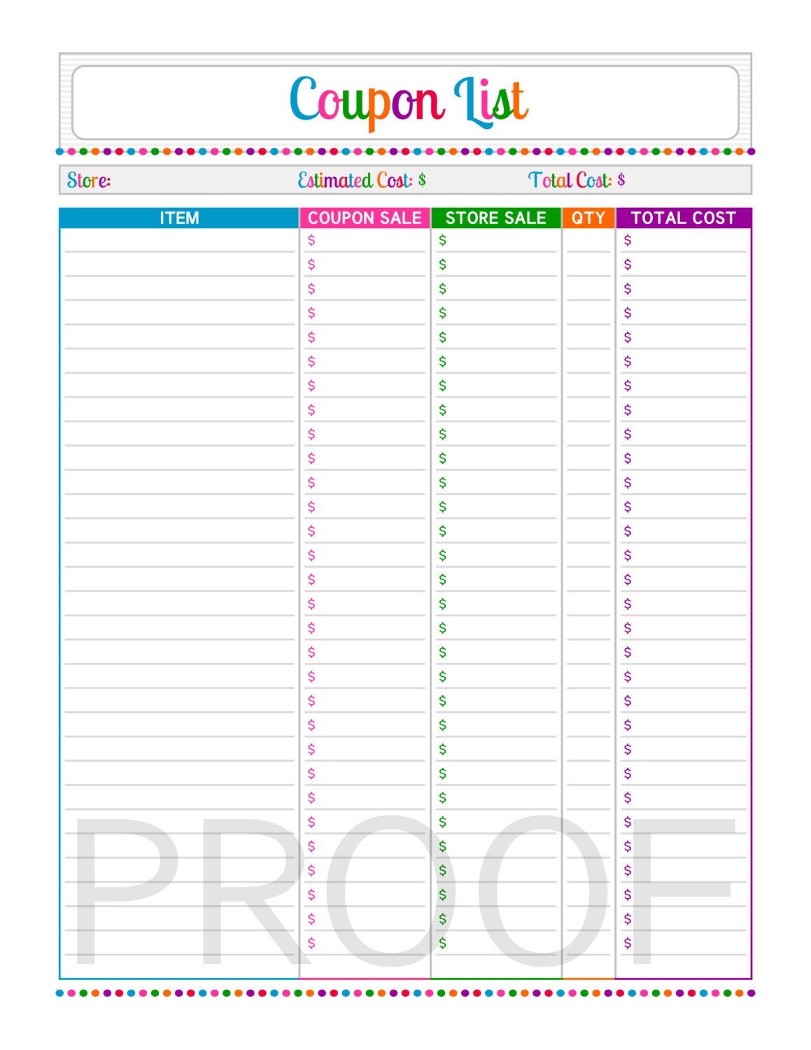 Coupon List Instant Download PDF Printable | Etsy