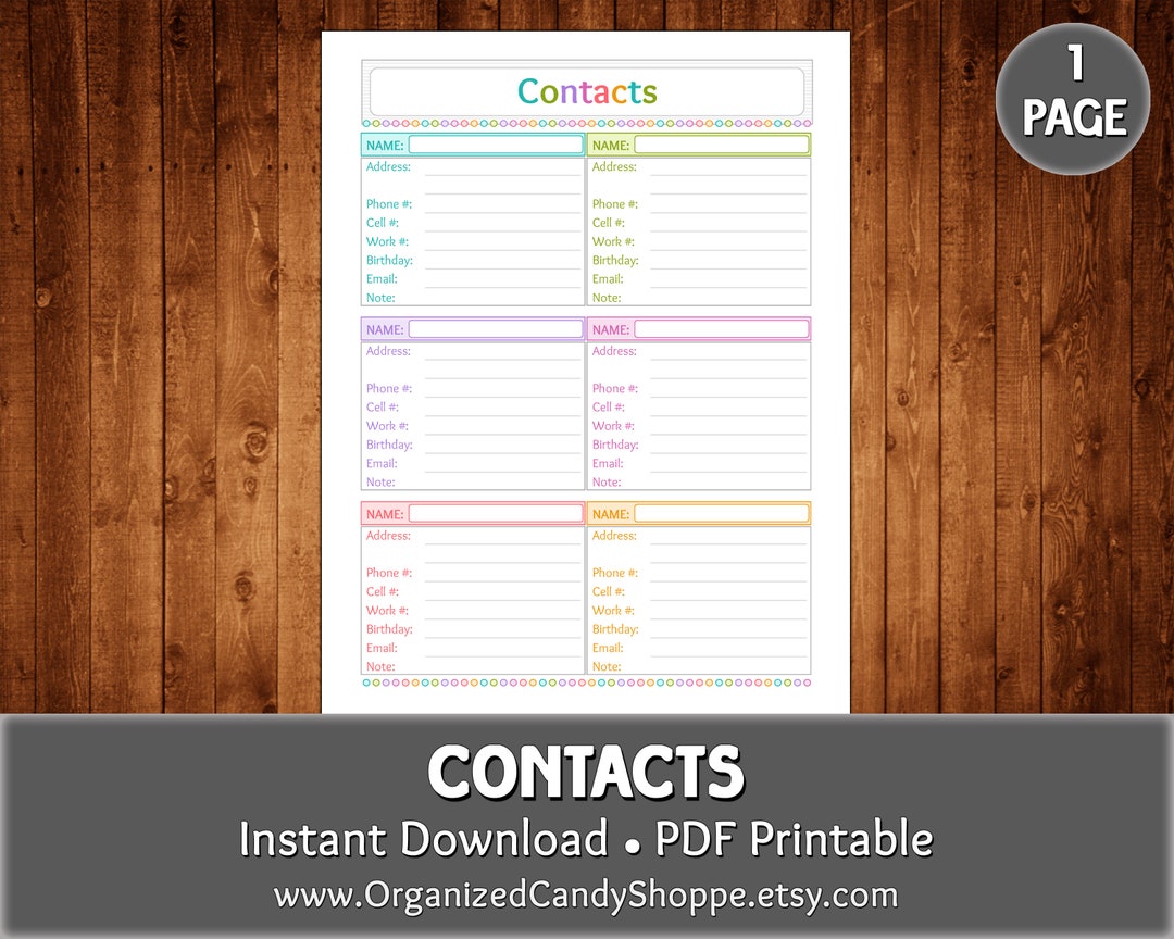 Contacts Pdf File Contacts • 1 Page • Instant Download PDF Printable - Etsy