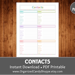Contacts • 1 Page • Instant Download PDF Printable