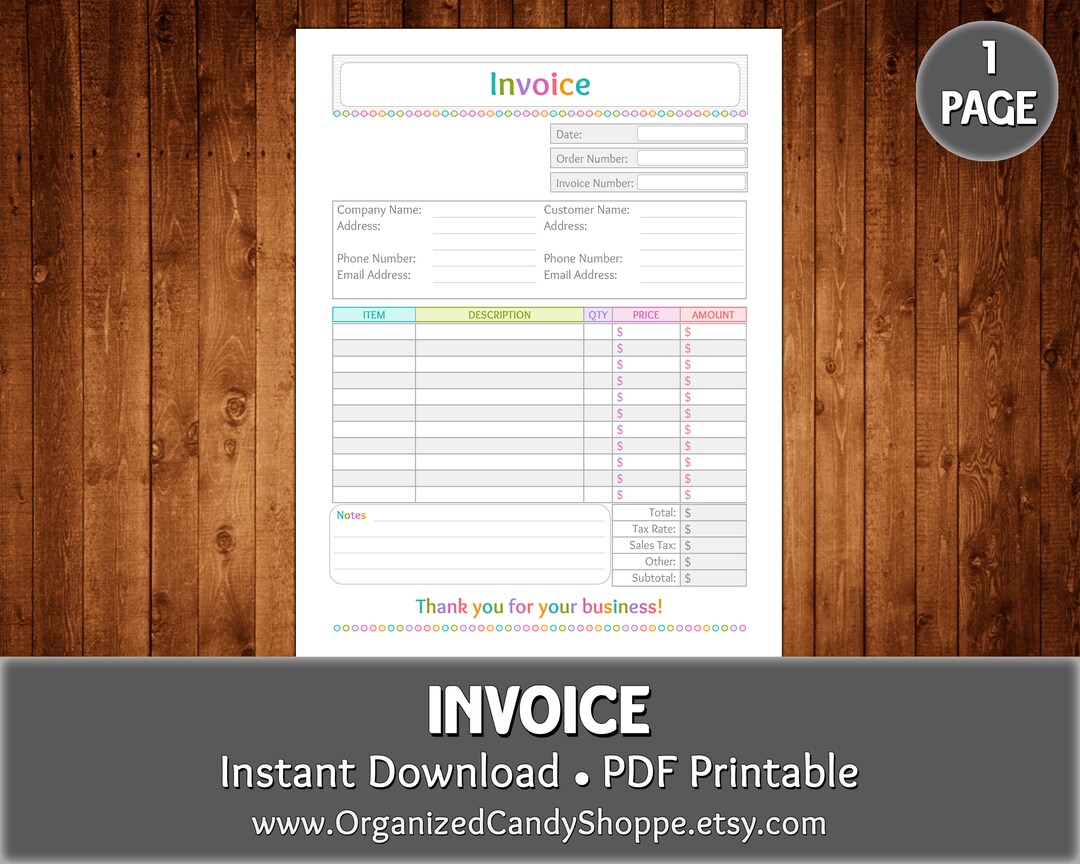 Invoice • 1 Page • Instant Download PDF Printable - Etsy