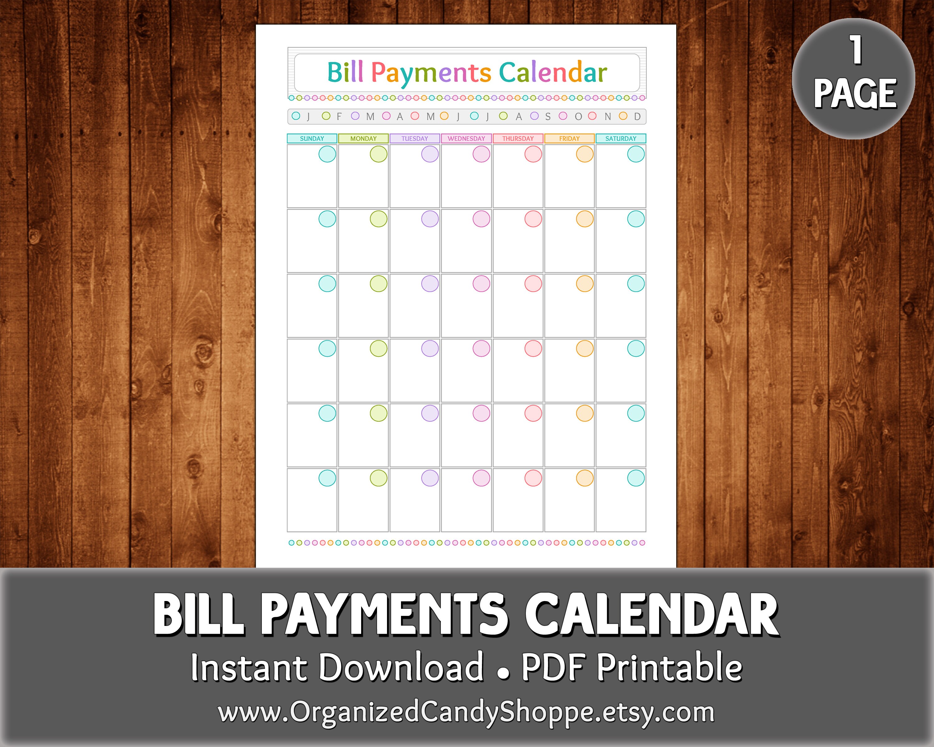 bill payments calendar 1 page instant download pdf etsy