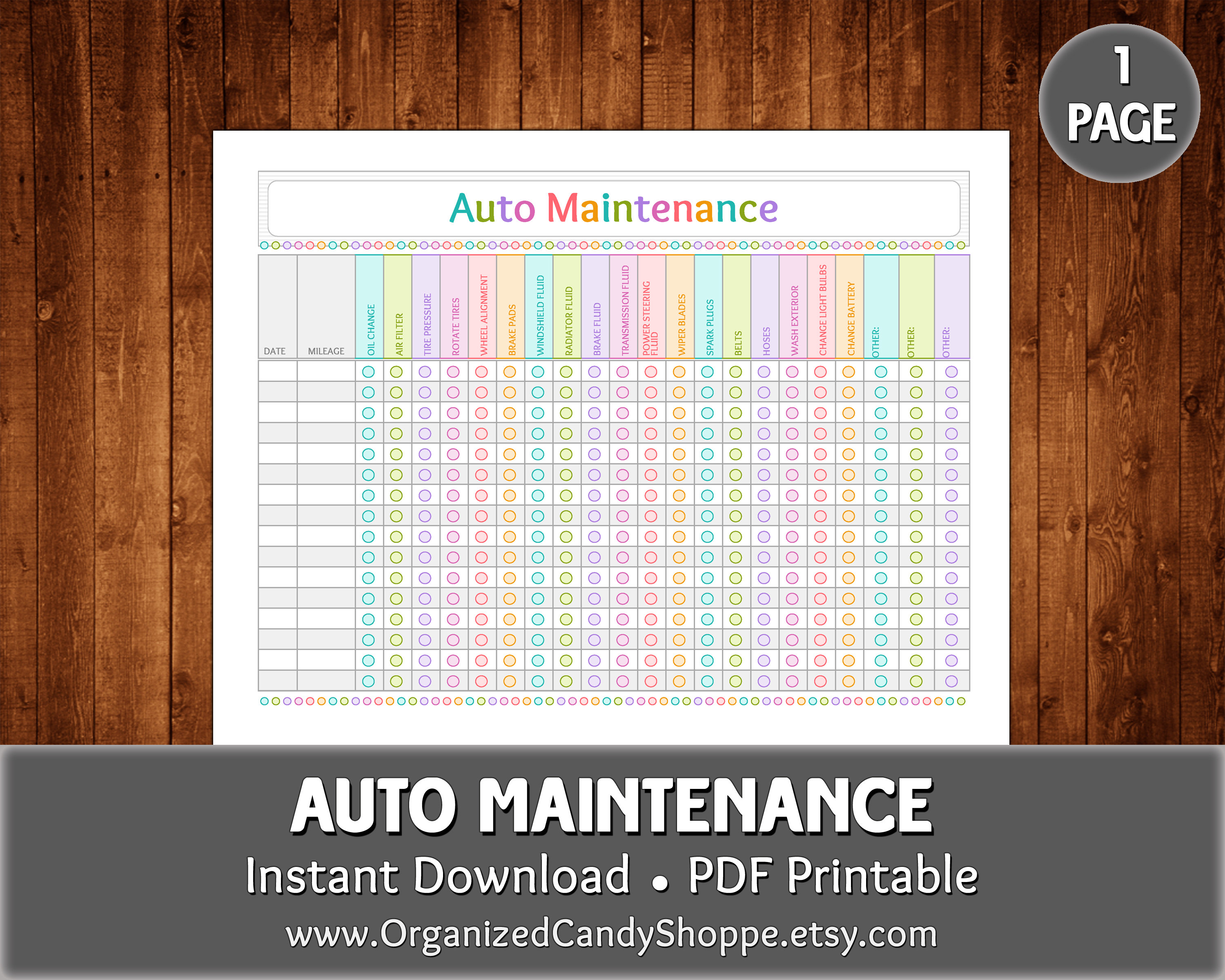 Auto Maintenance • 1 Page • Instant Download PDF Printable - Etsy